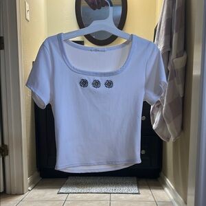 White Crop Tee with Gray Scoop Neckline and Embellishments